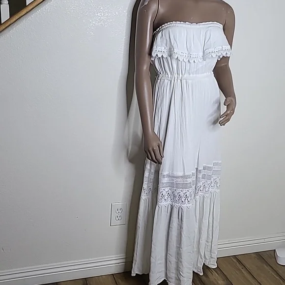 Maxi Dress Size Small White Strapless Ruffle Lace Travel Casual Cruise Summer - Picture 4 of 9